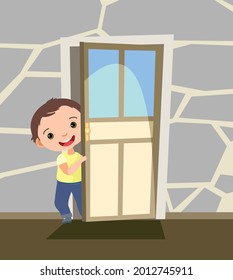 Child peek in the door. Opened the entrance. Funny boy kid. View from inside the room. Cartoon style. Flat design. Vector