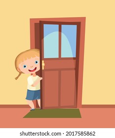 Child peek in the door. Opened the entrance. Funny girl kid. View from inside the room. Cartoon style. Flat design. Vector