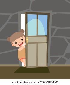 Child Peek In The Door. Opened The Entrance. Funny Girl Kid. View From Inside The Room. Cartoon Style. Flat Design. Vector