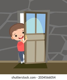 Child peek in the door. Opened the entrance. Funny boy kid. View from inside the room. Cartoon style. Flat design. Vector.