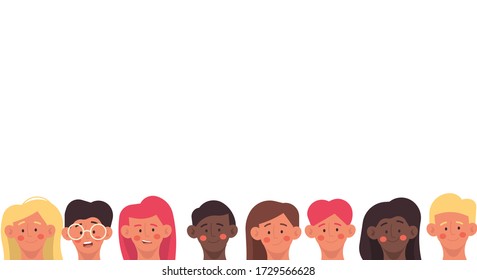 Child peep out cartoon isolated white background with people boy and girl illustration. Happy kid smiling cute banner in line. Friend surprise funny looking art. Cheerful teenager character head