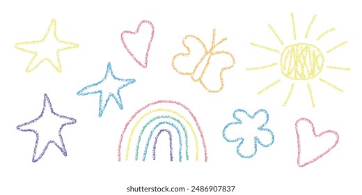 Child Pencil texture drawing cute elements set . Childish Doodle drawn rainbow stars hearts butterfly sun. Summer simple kids art illustration