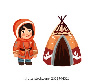  child of the peoples of the North near the yurt in the tundra, vector illustration