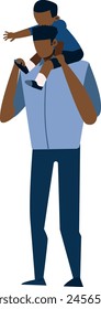 Child perched on father shoulder enjoying the view from above opposing for something. Vector illustration