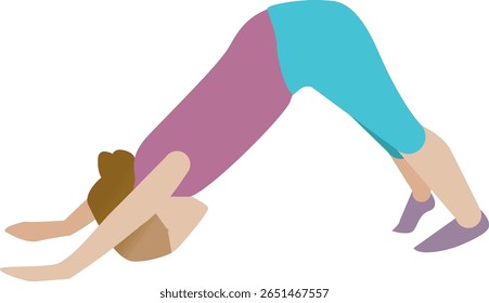 Child performing downward dog pose. Vector illustration of kids yoga and stretching exercise.