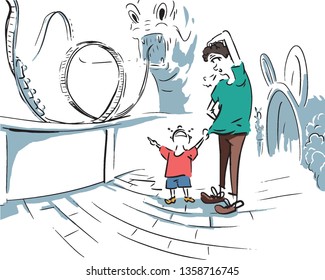 The child is pestering his father at the amusement park. hand drawn style vector design illustrations. 
