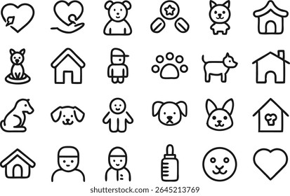 Child and pet activity themed icon collection in simple outline style perfect for educational resources pet care content family events and interactive children’s designs