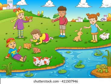 child and pet cartoon. EPS10 File simple Gradients 