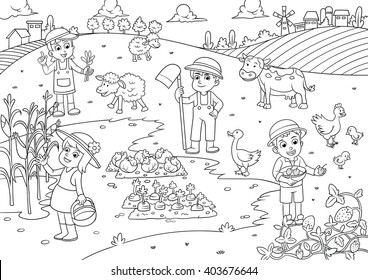 child and pet in thefarm cartoon for coloring. EPS10 File