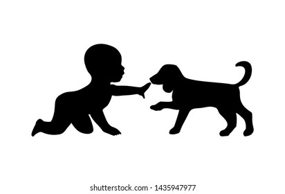 Child petting a puppy labrador. Dog and people walking silhouette. Vector black flat icon isolated on white background.