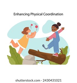 Child physical development concept. Children enhancing balance and coordination with joyful outdoor activity on log. Motor skills improvement. Importance of healthy lifestyle. Flat vector illustration
