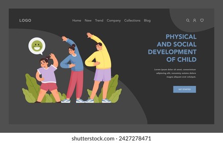 Concepto de desarrollo físico infantil. Los niños realizan ejercicios rutinarios con padres que los apoyan, fomentando la interacción social y la salud física. Importancia de un estilo de vida saludable para los niños. Ilustración vectorial plana