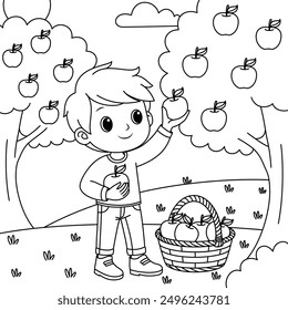 Child picking apples from a tree outline coloring page. Thanksgiving hand drawn colouring 