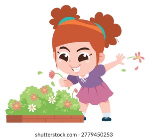 Child Picking and Damaging Flowers Cartoon Illustration