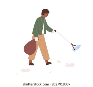 Niño recogiendo basura plástica con palo de basura. Niño recolectando basura en bolsas de basura. Ambiente de limpieza ecovoluntario de desechos. Ilustración vectorial plana aislada en fondo blanco