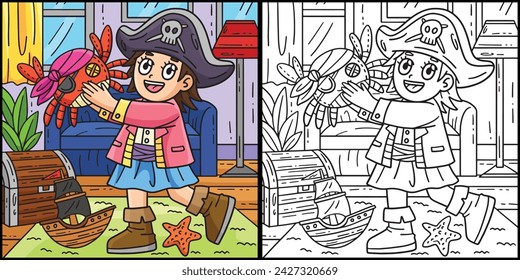 Child with a Pirate Crab Toy Coloring Illustration
