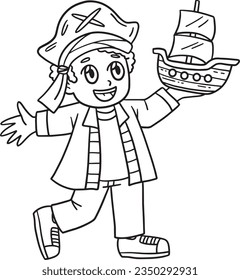 Child with Pirate Hat and Model Ship Isolated 