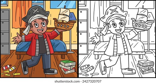 Child with Pirate Hat and Model Ship Illustration