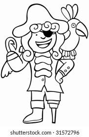 Child Pirate Parrot Line Art : Boy dressed as a pirate with his bird.