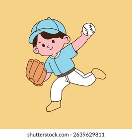 A child pitcher is throwing a baseball. minimal line illustration.