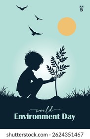 Child planting a tree: celebrating world environment day. vector illustration