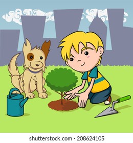 Child planting a tree, dog and kid environmental