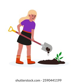 Child planting a young plant in garden soil with a shovel during daytime activity