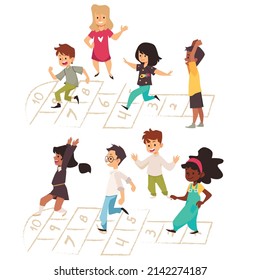 Child play hopscotch, isolated. Little kids, black, hispanic and white, jump around hop scotching, play activity game. Cartoon vector illustration.