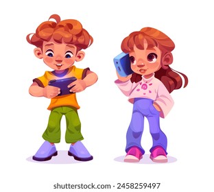 Child play phone. Kid using mobile for game vector. Boy and girl children addict with smart electronic gadget. Baby gamer holding technology for texting, education and watching video illustration set