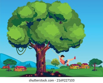 child play the swing under the tree,