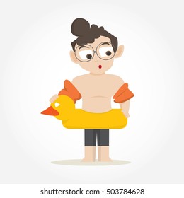Child play with toys. Little boy will be swimming.