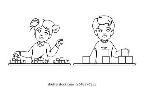 child playful learning kids vector. kid fun, little education, activity kindergarten child playful learning kids character. people black line pencil drawing illustration