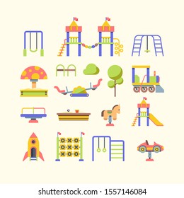 Juego de ilustraciones vectoriales planas de equipamiento infantil. Esparcimiento infantil al aire libre. Paseos por la calle y actividad. Zona de juegos de jardín infantil. Caja de arena, deslizamiento y balancines aislados sobre fondo blanco