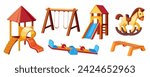 Child playground mega set in cartoon graphic design. Bundle elements of outdoor wooden swings, houses with ladders and slides, wood horse, bench, balance carousel. Vector illustration isolated objects
