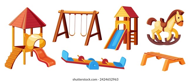 Mega juego infantil en diseño gráfico de dibujos animados. Elementos del paquete de columpios de madera al aire libre, casas con escaleras y toboganes, caballo de madera, banco, carrusel de equilibrio. Ilustración vectorial de objetos aislados