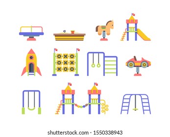 Child playground objects flat vector illustrations set. Kid outdoor rides and activity. Sandbox, slide and swing. Children play area. Kindergarden isolated cliparts color pack on white background