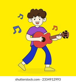 Child is playing acoustic guitar hand drawing illustration