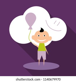 Child playing with balloons, vector illustration isolated on background. Drawing of happy boys playing with balloons. Cloud with smile