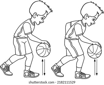 child playing basketball  line vector illustration isolated on white background