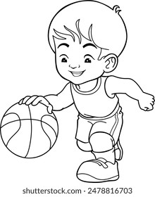 child playing basketball line vector illustration isolated on white background