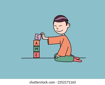 The child is playing with blocks. Vector flat illustration.