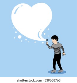 child playing bubble, blowing soap, big heart, vector illustration design