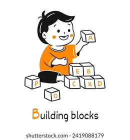 Child playing with building blocks kindergarten illustration in cartoon doodle style. Cute smiling toddler boy playing with cube alphabet. Black orange color on white background