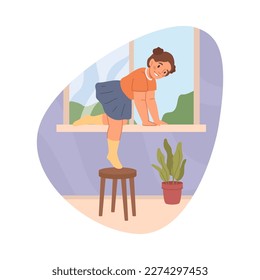 Child playing by window, unwatched by parents. Danger of falling through window. Kid dangerous behavior and risk to life. Flat cartoon, vector illustration