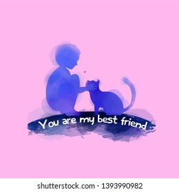 A Child playing with cat silhouette on watercolor background. The concept of trust, friendship and pet care. Digital art painting. Vector illustration