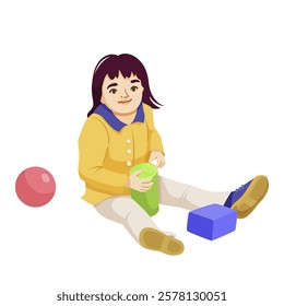 Child playing with colorful blocks and ball on white background. Vector illustration