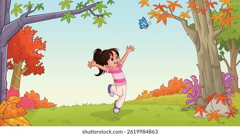 Child playing in colorful cartoon forest. Girl at green park with grass and trees. Nature landscape.
