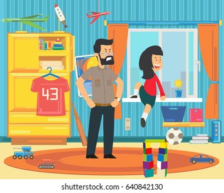 The child is playing dangerously. Dad forbids the girl to climb out the window. vector illustration