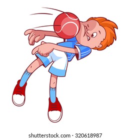 Child Playing In Dodgeball. The Ball Hit In The Face. Cartoon Vector Illustration.