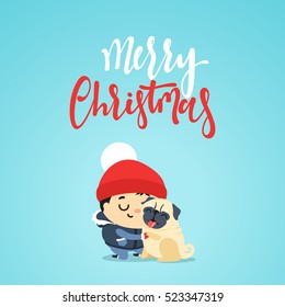 Child playing with a dog for Christmas. Boy with pet. Little boy playing having fun in the winter with a dog